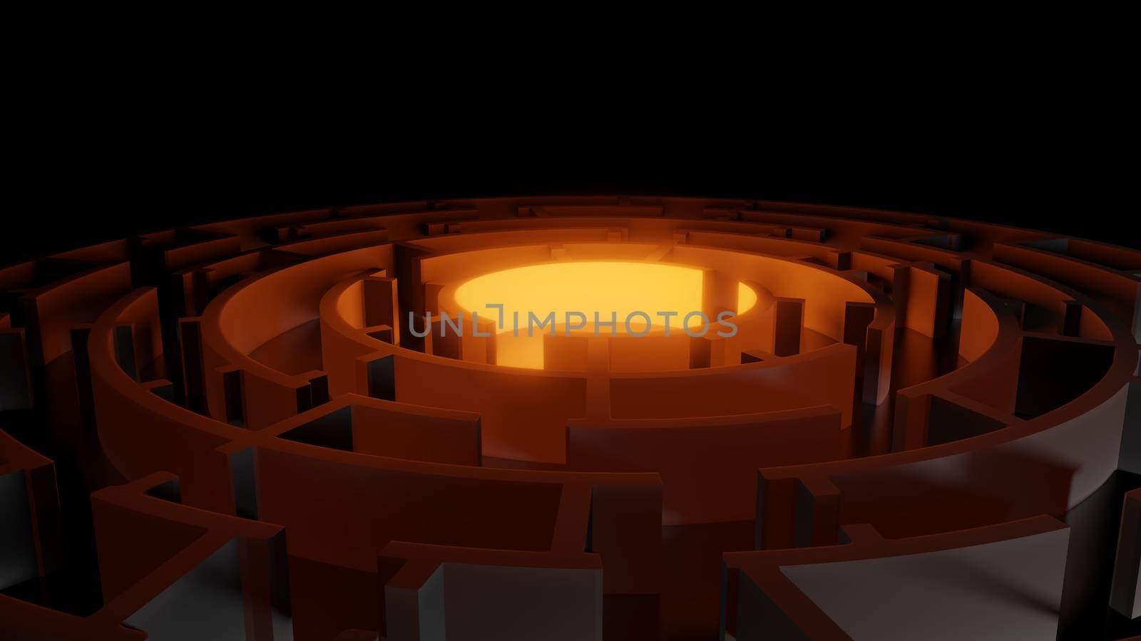 3D circular maze with a bright red flash on a dark background. Business concept. 3d illustration