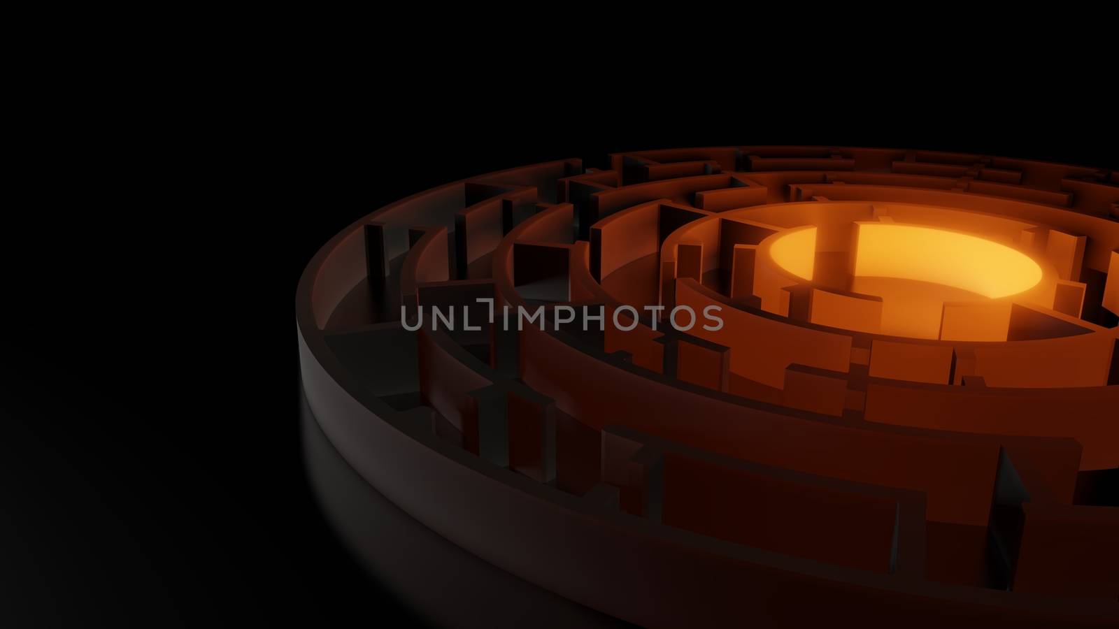 3D circular maze with a bright red flash on a dark background. Business concept. 3d illustration