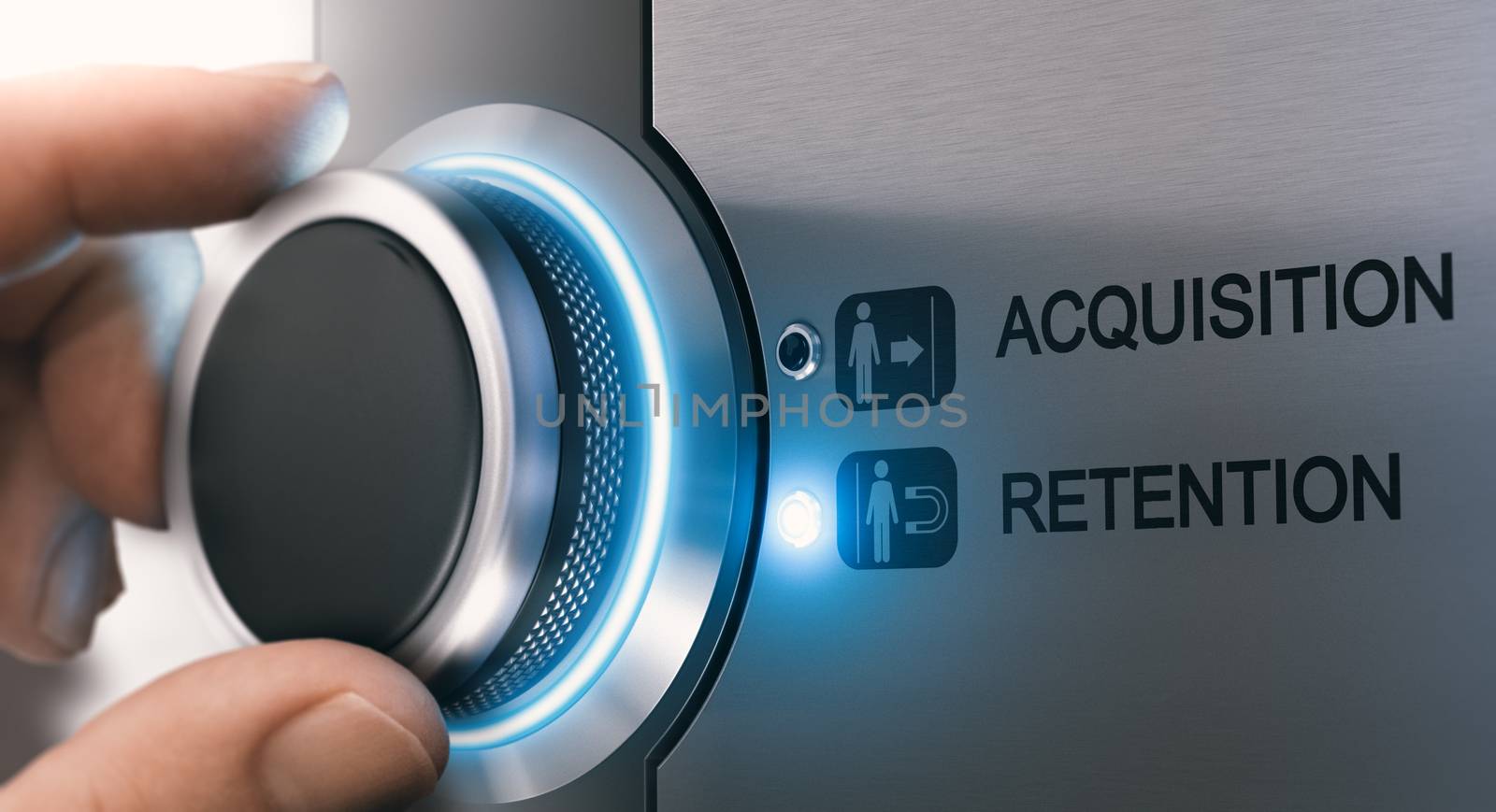 Sales Person turning a knob to select customer retention strategy instead of acquisition. Composite image between a hand photography and a 3D background.