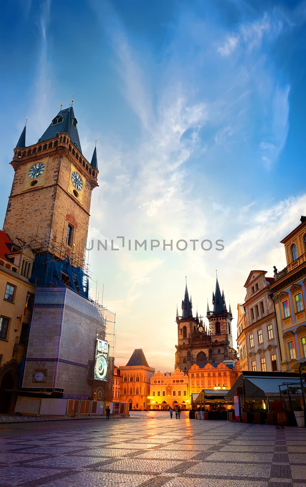 View on Prague chimes and Tynsky temple at sunrise