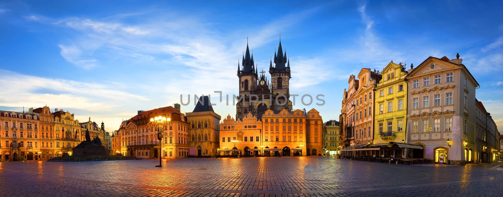 View on Prague chimes and Tynsky temple at sunrise