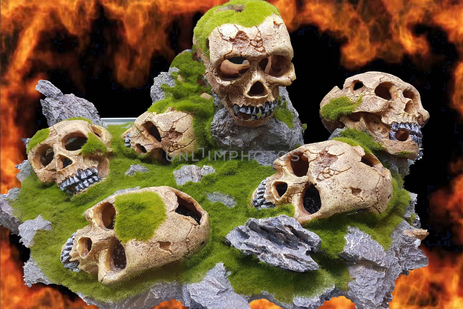 Scary skulls that appear in front of a cloud of fire / a contrasting image.