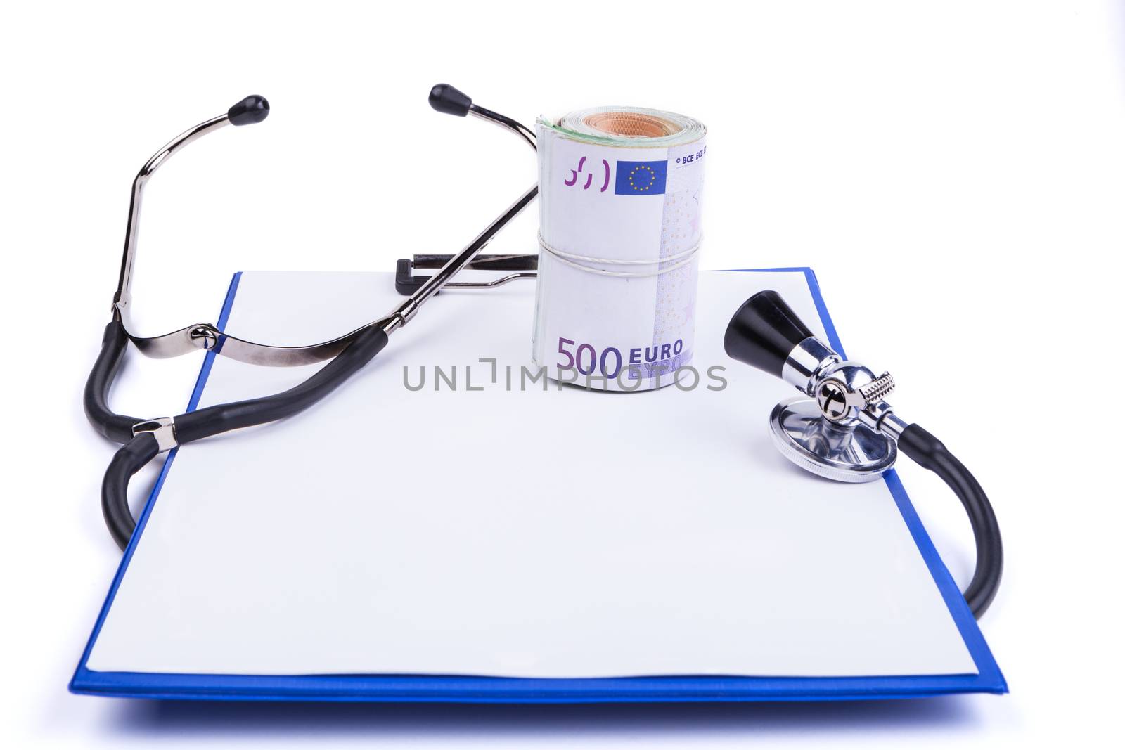 Blue clipboard with black stethoscope  and euro banknotes isolated on white background