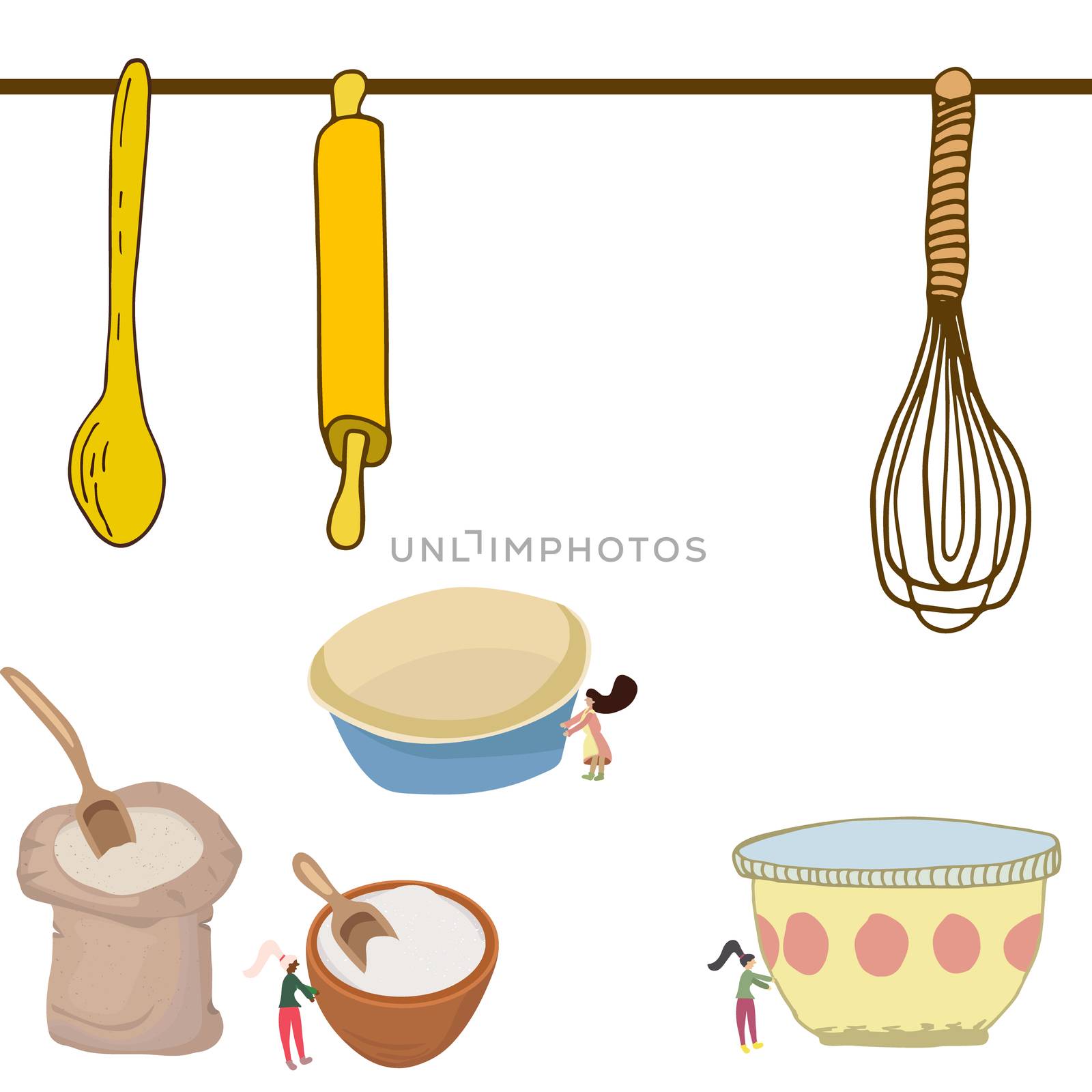 Kitchen set with mixing spoon, bowl, flour, rolling pin, whisk, mixing bowl, sugar bowl and flour sack. Cute little women preparing for baking. 