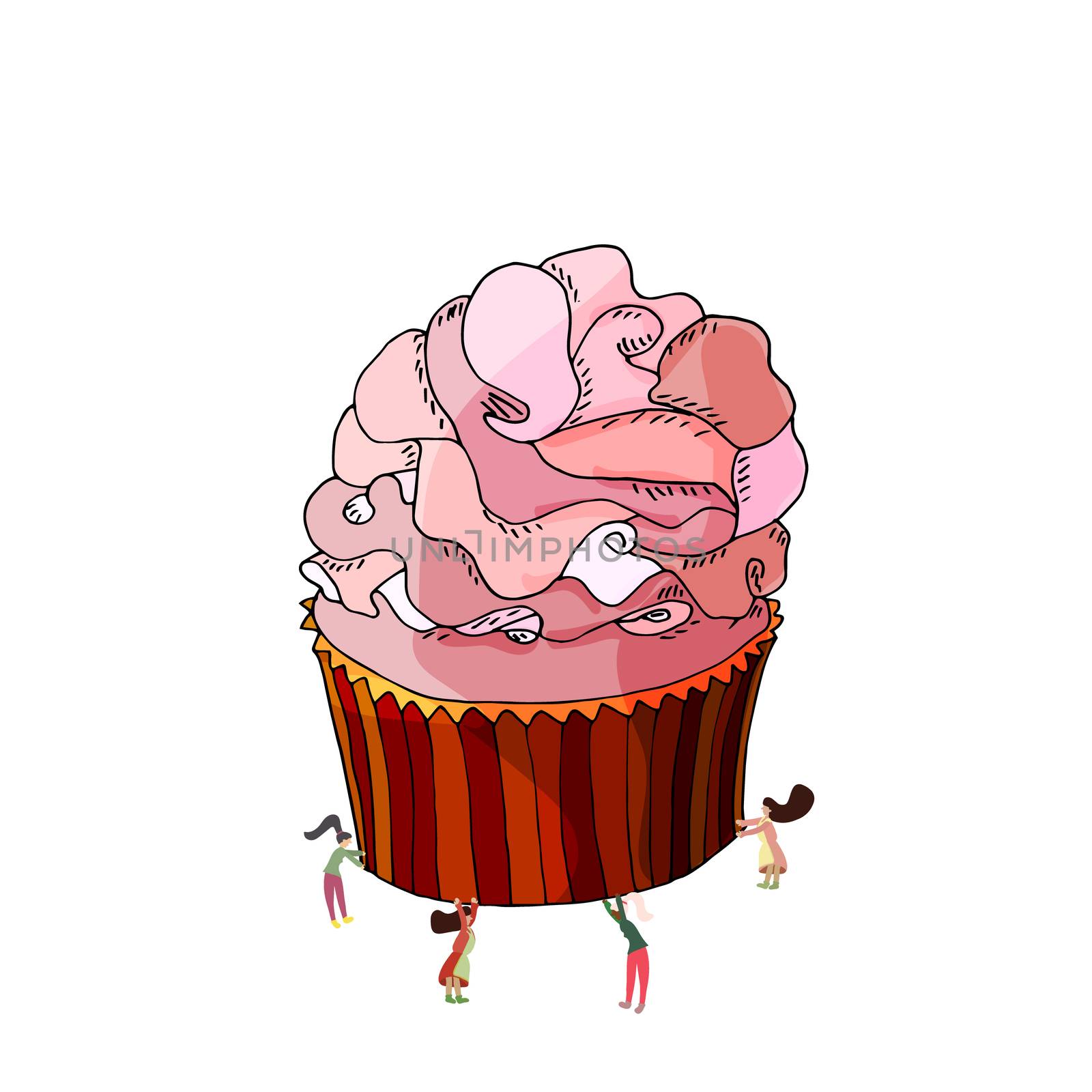 Small women holding a giant cupcake. Cute vector illustration. 