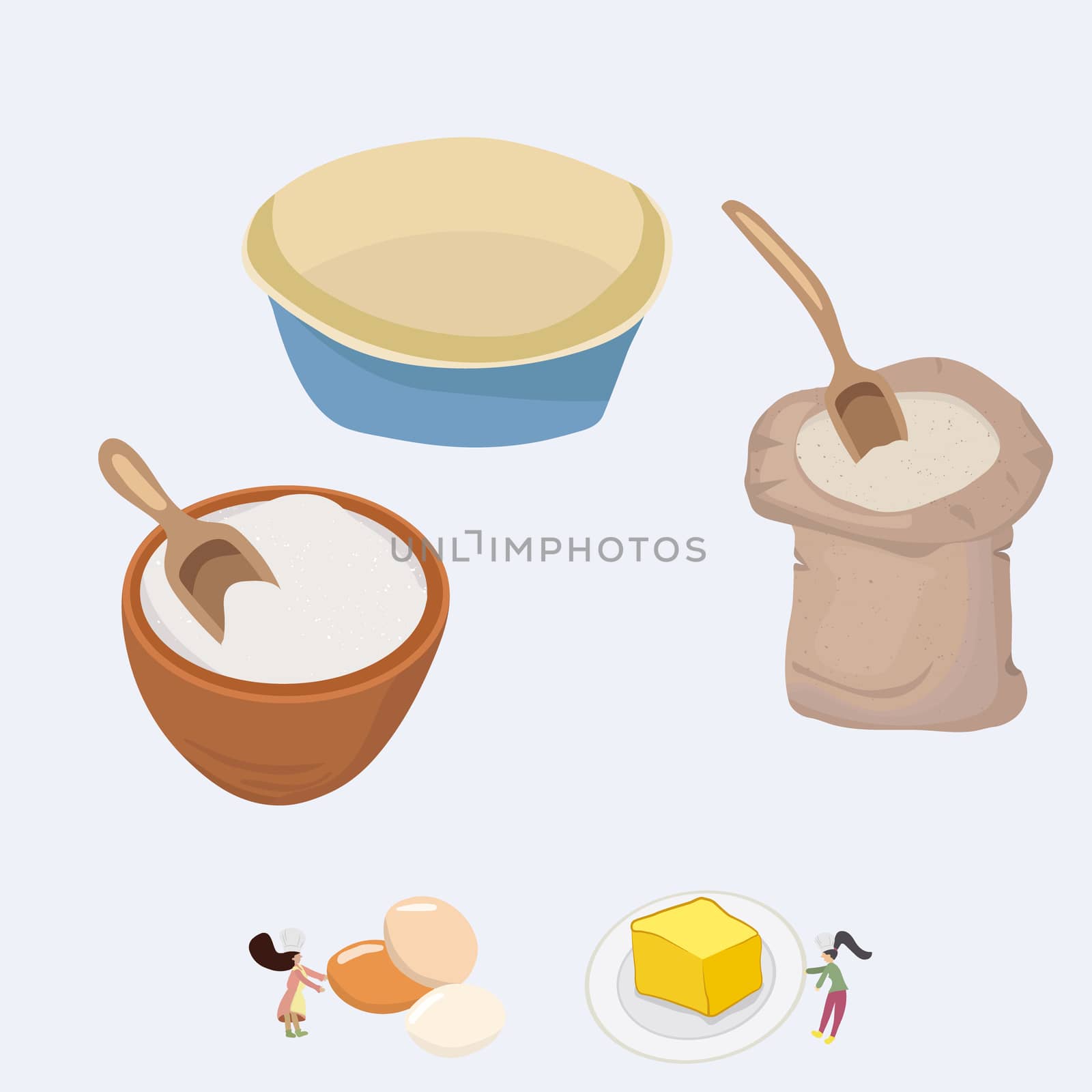 Tiny people working in the kitchen. Homemade baking in process. Vector illustration. 