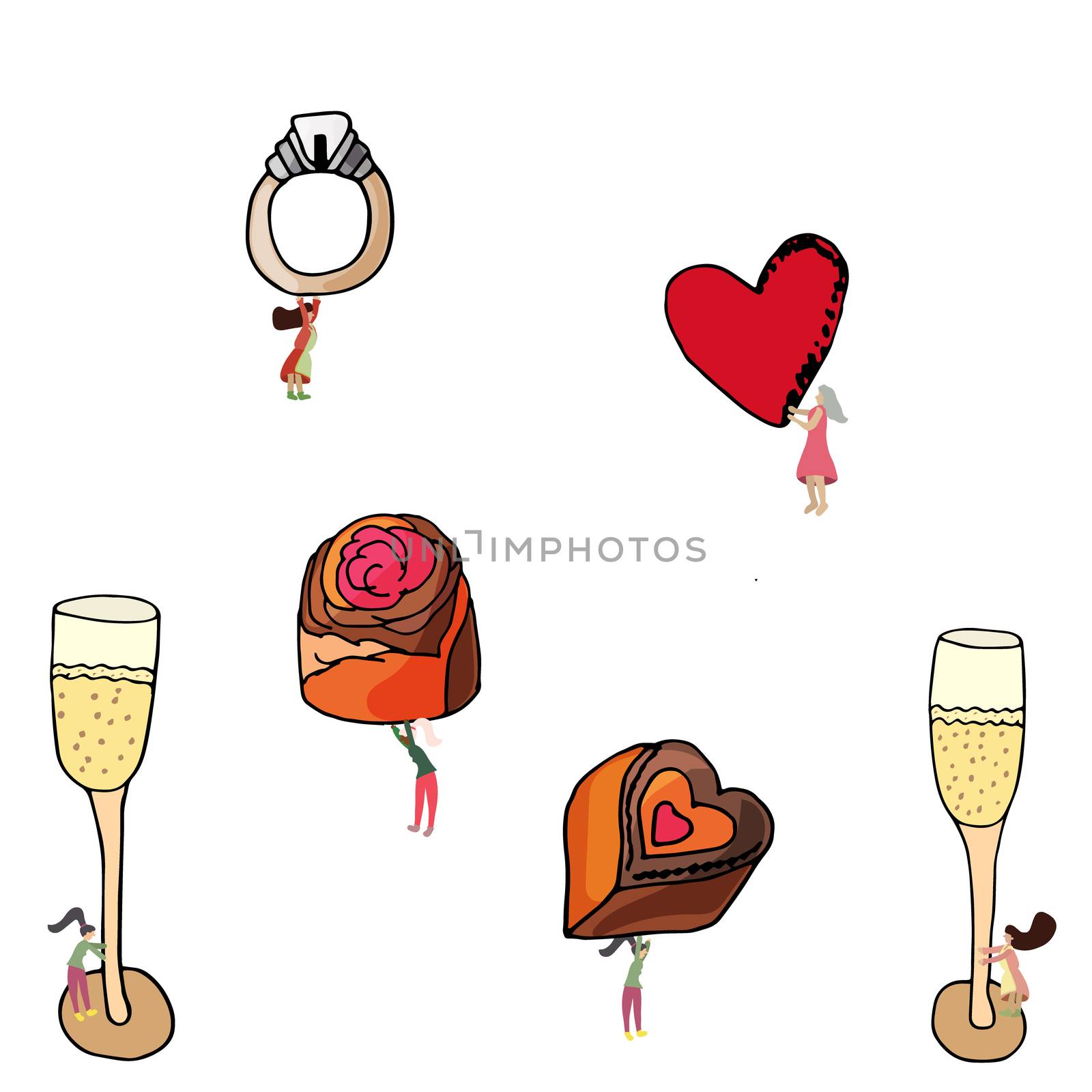 Champagne glasses, diamond ring, red heart and chocolates set for romantic celebration. Tiny women carrying romantic set.