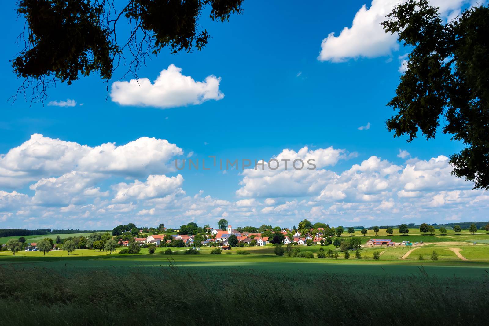 View to typical Bavarian village Unterlappach near munich on a sunny day