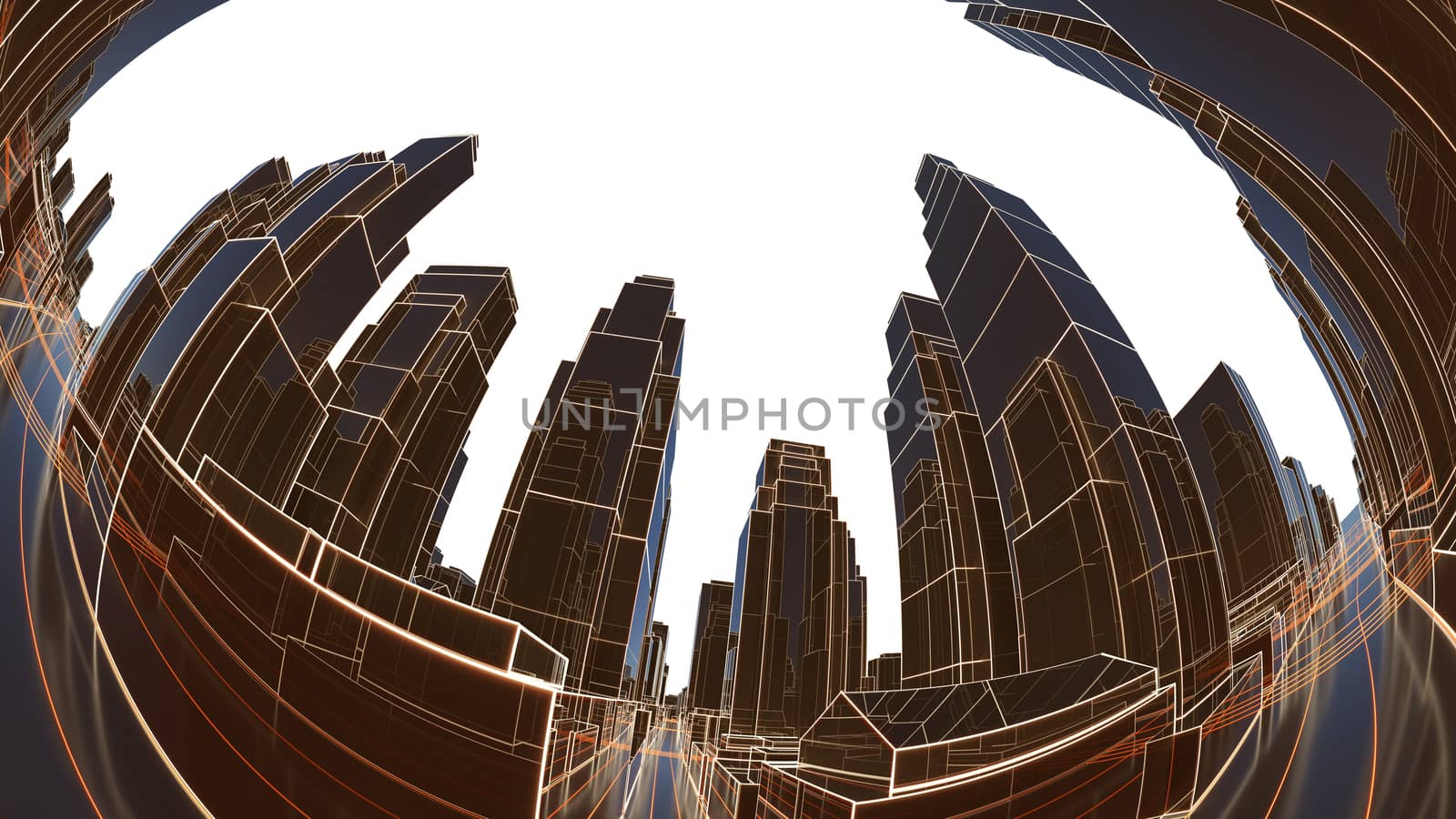 Abstract 3D city with luminous lines and black mirror buildings. The concept of new technologies. 3d illustration