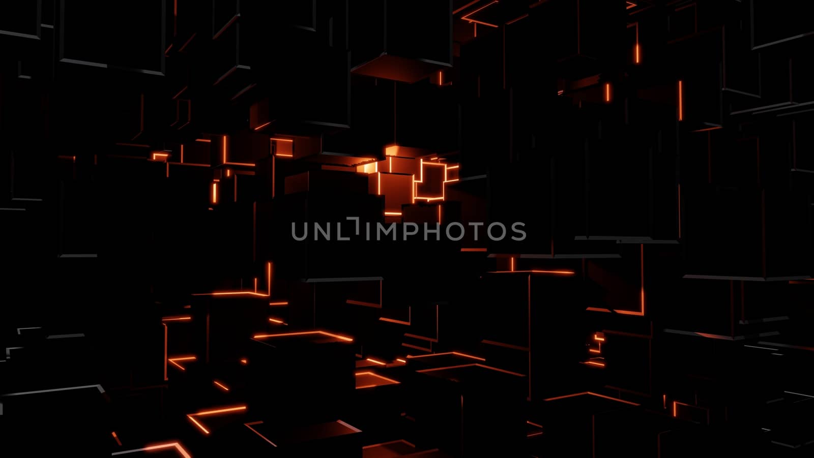 Abstract background consisting of dark cubes and bright red flashes. Visual high detail. The concept of new technologies, virtual space, the future. 3d illustration