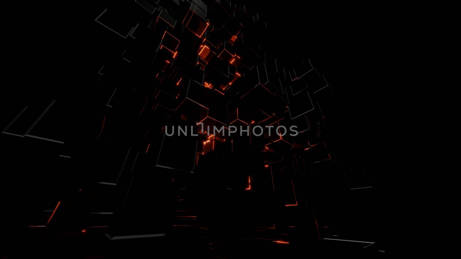 Abstract background consisting of dark cubes and bright red flashes. Visual high detail. The concept of new technologies, virtual space, the future. 3d illustration