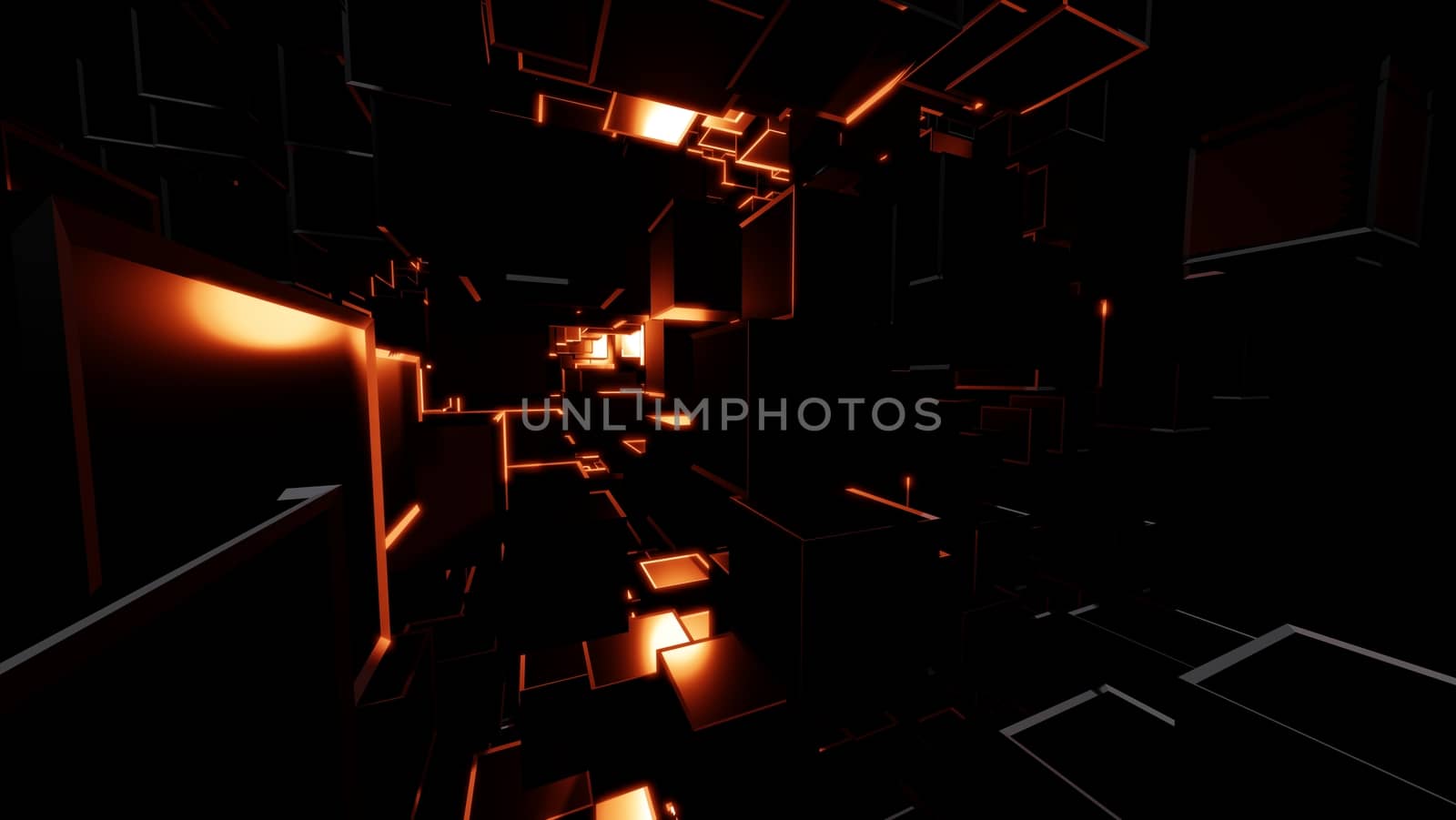 Abstract background consisting of dark cubes and bright red flashes. Visual high detail. The concept of new technologies, virtual space, the future. 3d illustration