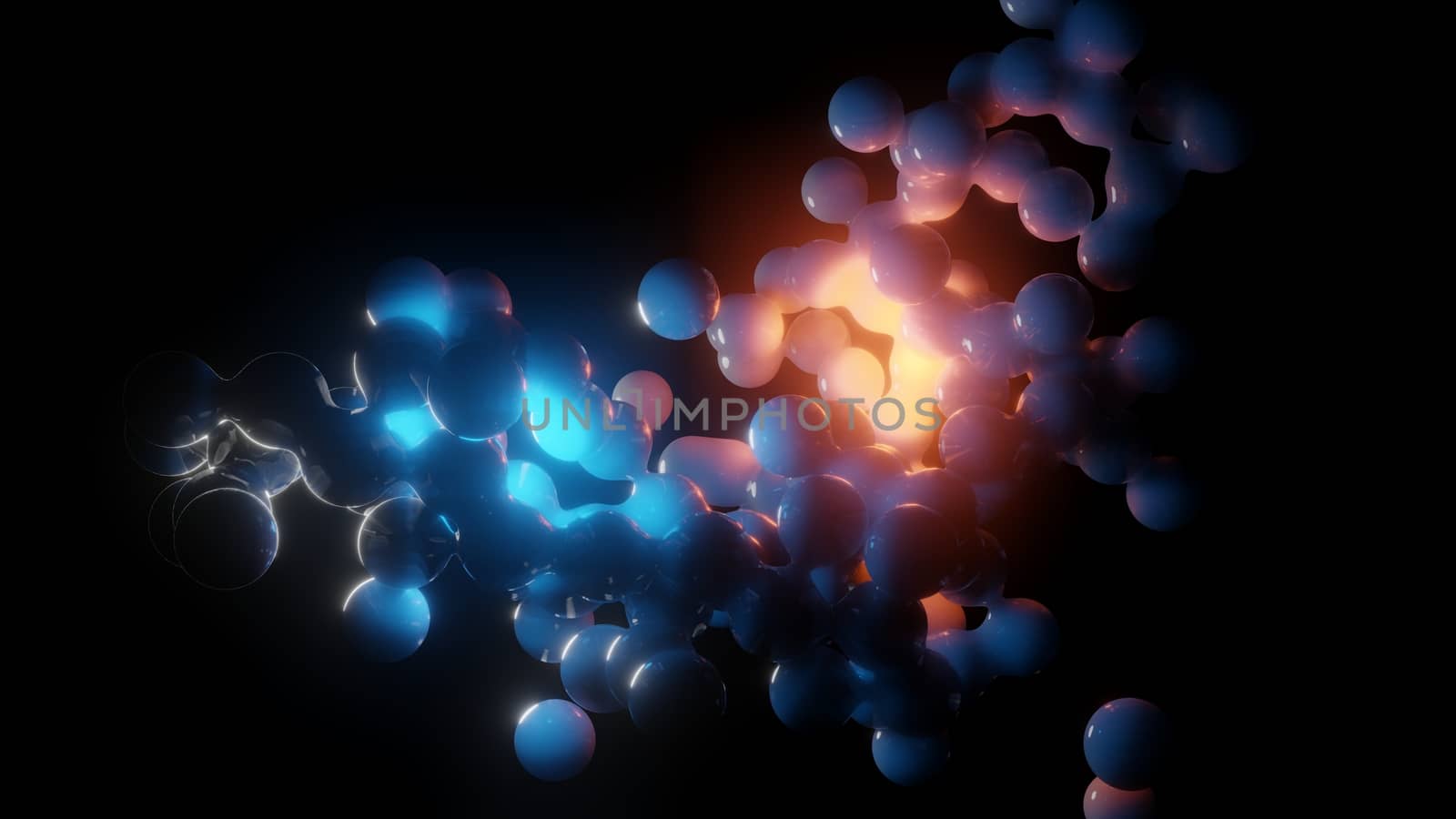 White chaotic spheres and flashes of red and blue light. Abstract 3d illustration for your design