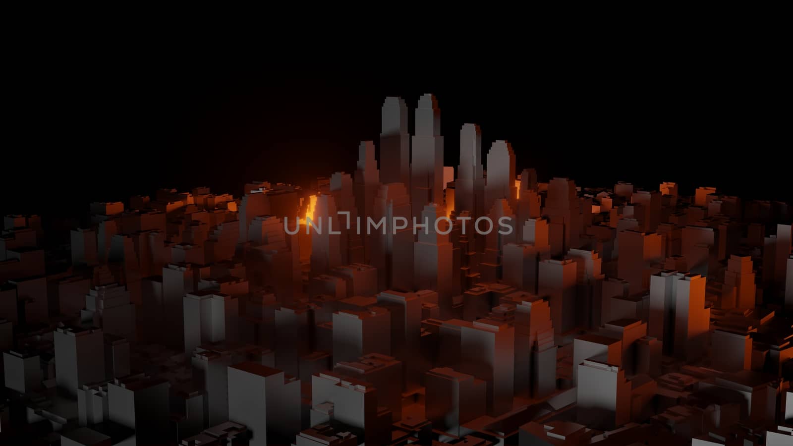 3d city with bright red flashes on a dark background. Architectural concept, urban technology. 3d illustration. Colorful background