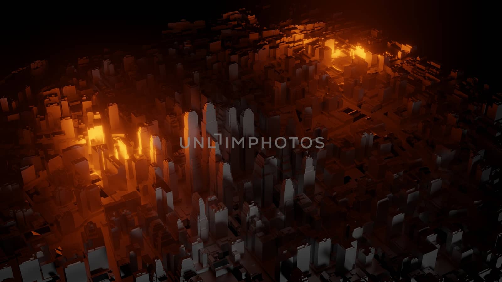 3d city with bright red flashes on a dark background by cherezoff