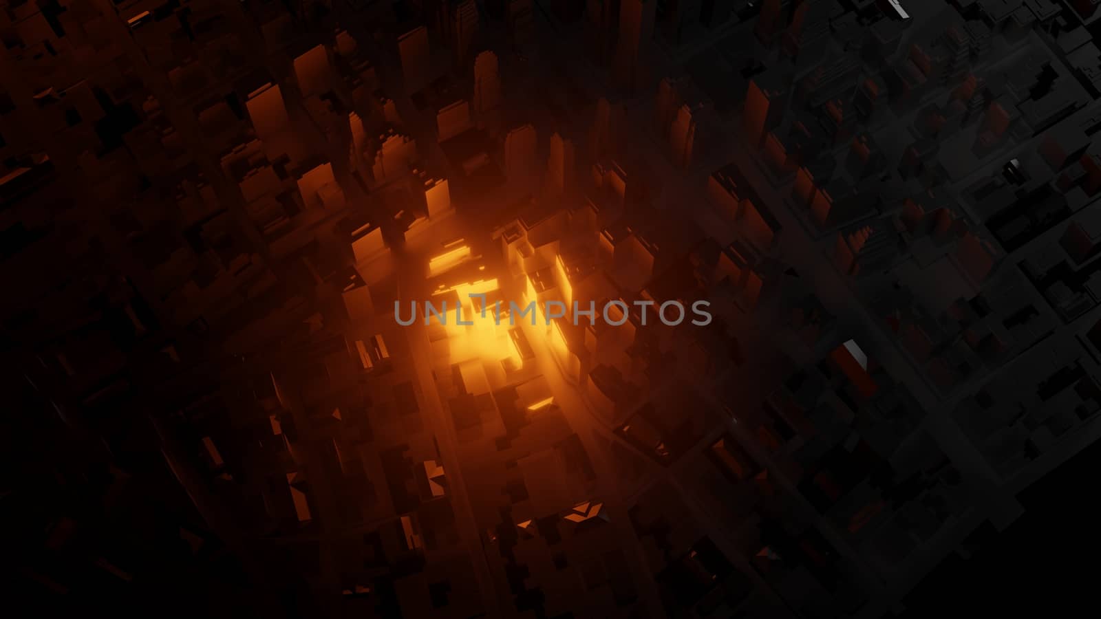 3d city with bright red flashes on a dark background by cherezoff