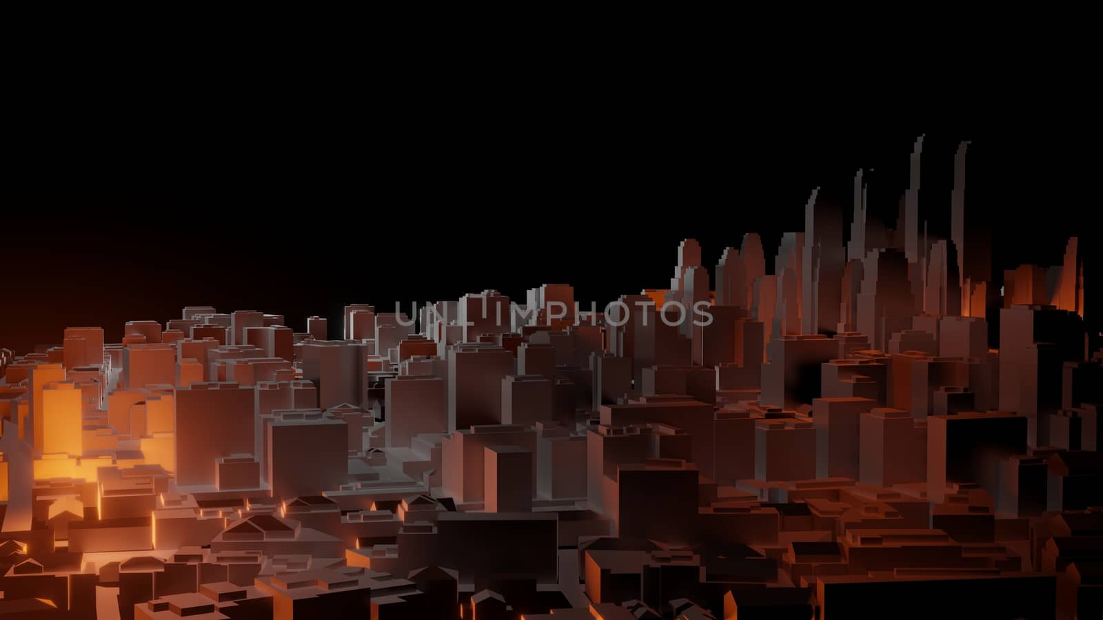 3d city with bright red flashes on a dark background. Architectural concept, urban technology. 3d illustration. Colorful background