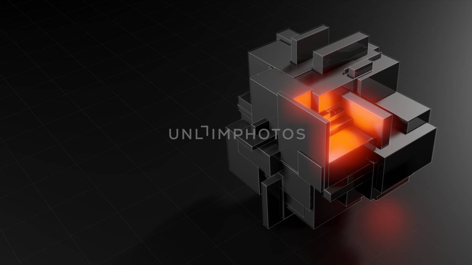 Abstract 3d object consisting of cubes. Red glow inside the object by cherezoff