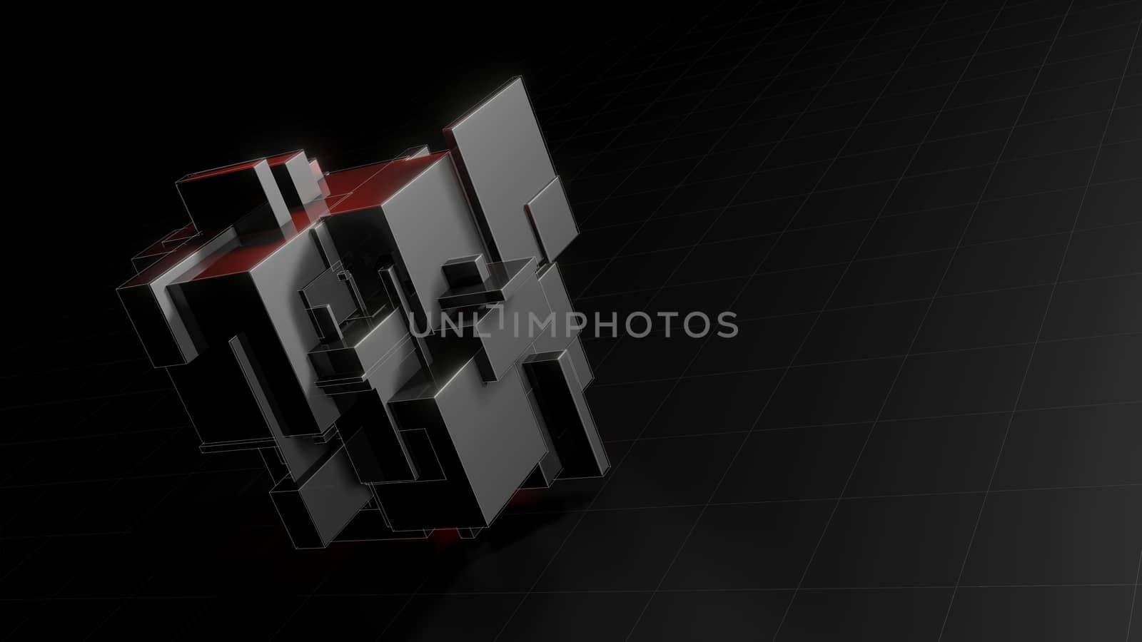 Abstract 3d object consisting of cubes. Red glow inside the object. Dark background and white grid on the floor. Technological 3d illustration for background