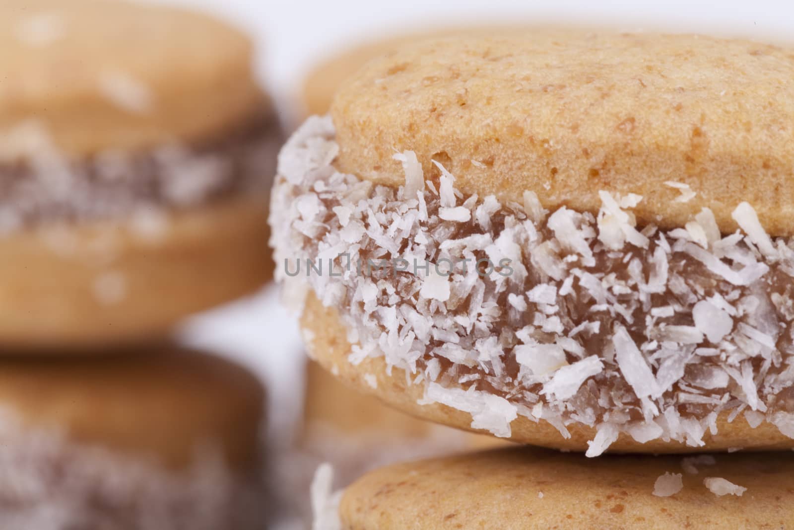 Round cococnut cookie macro close-up with chips