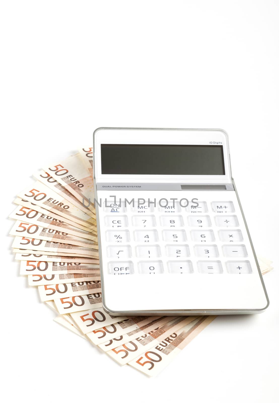 Fifty Euro banknotes with White calculator isolated on white