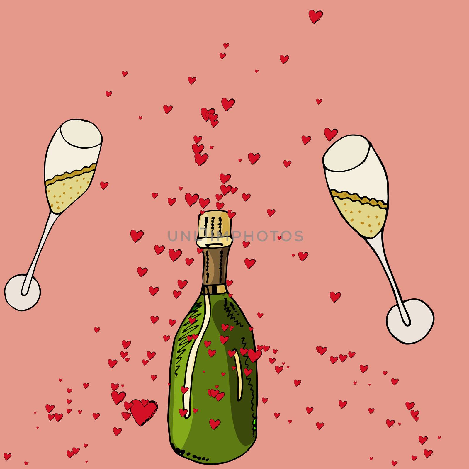 Bottle and two glasses with a drink and red hearts. Romantic vector illustration. 