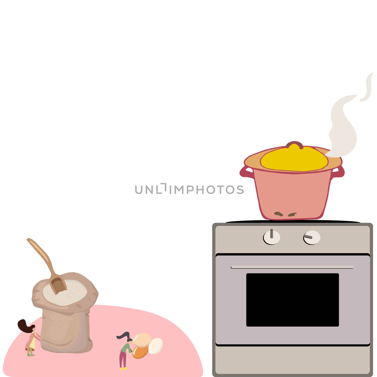 Small women cooking. Giant pot boling water on hob. Cute vector illustration. 