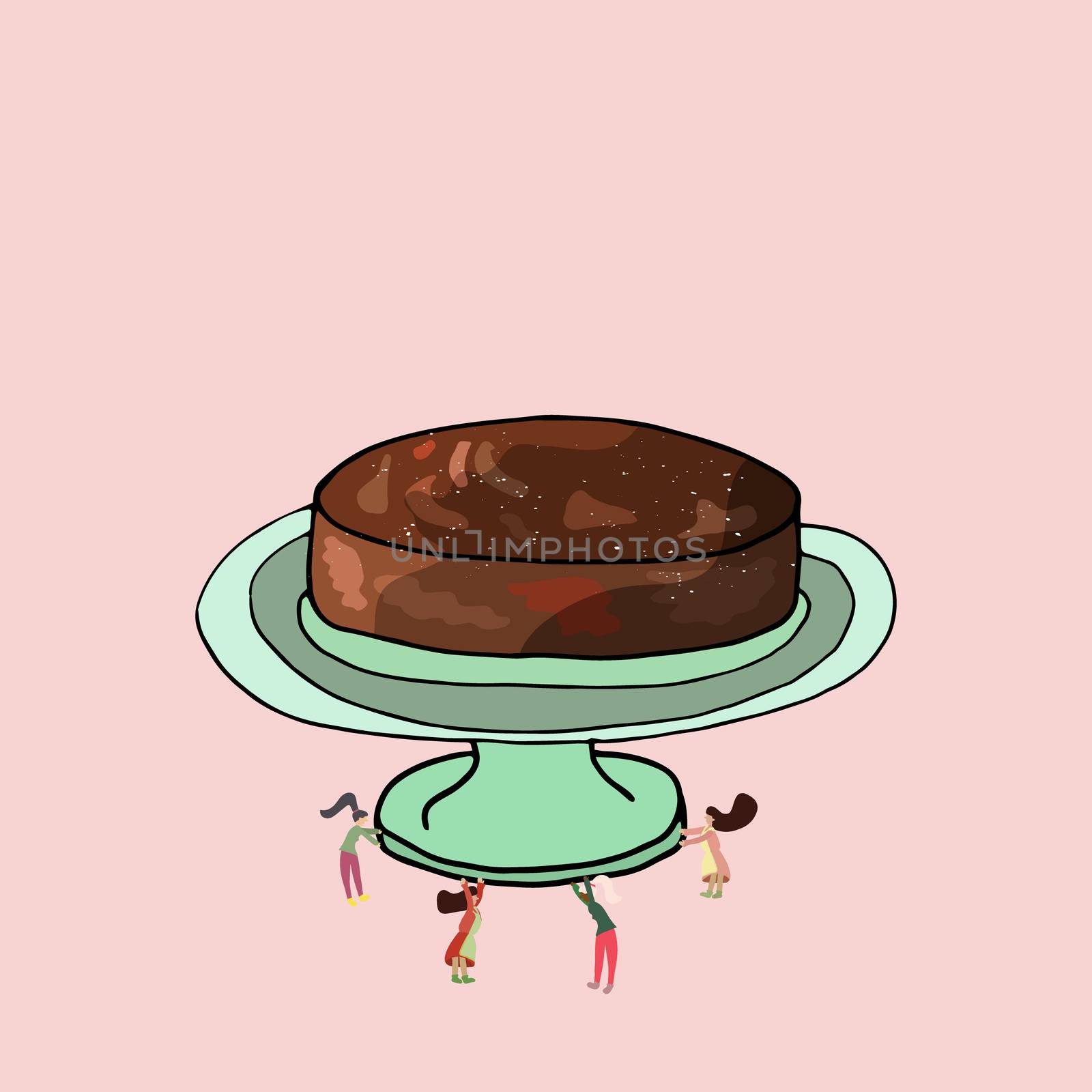 Tiny women carrying a giant chococlate cake on green stand. Cute vector illustration. 