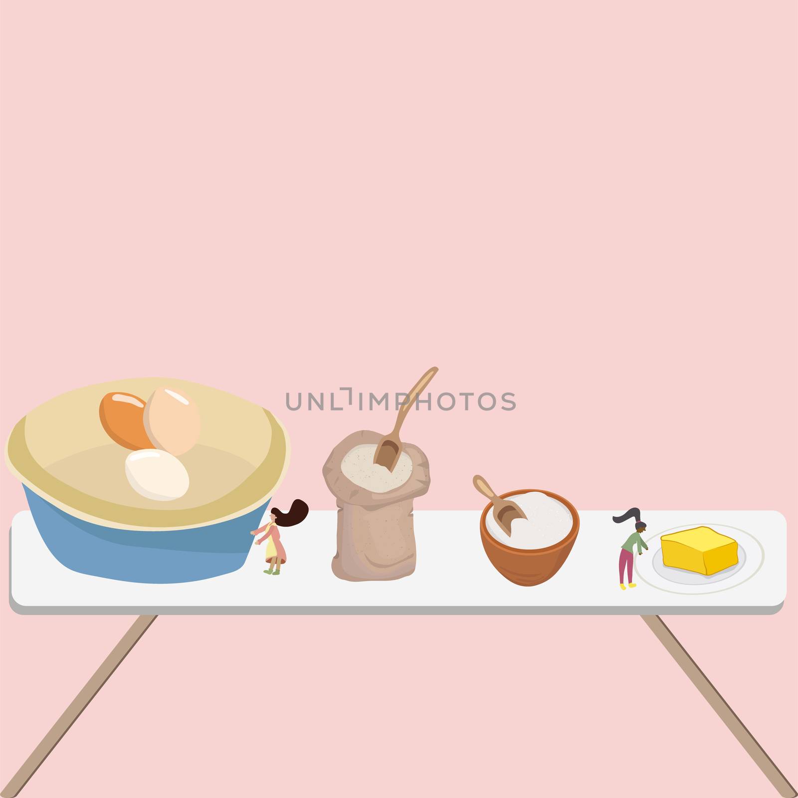 Small ladies preparing ingredients for baking on the kitchen table. Cute vector illustration.