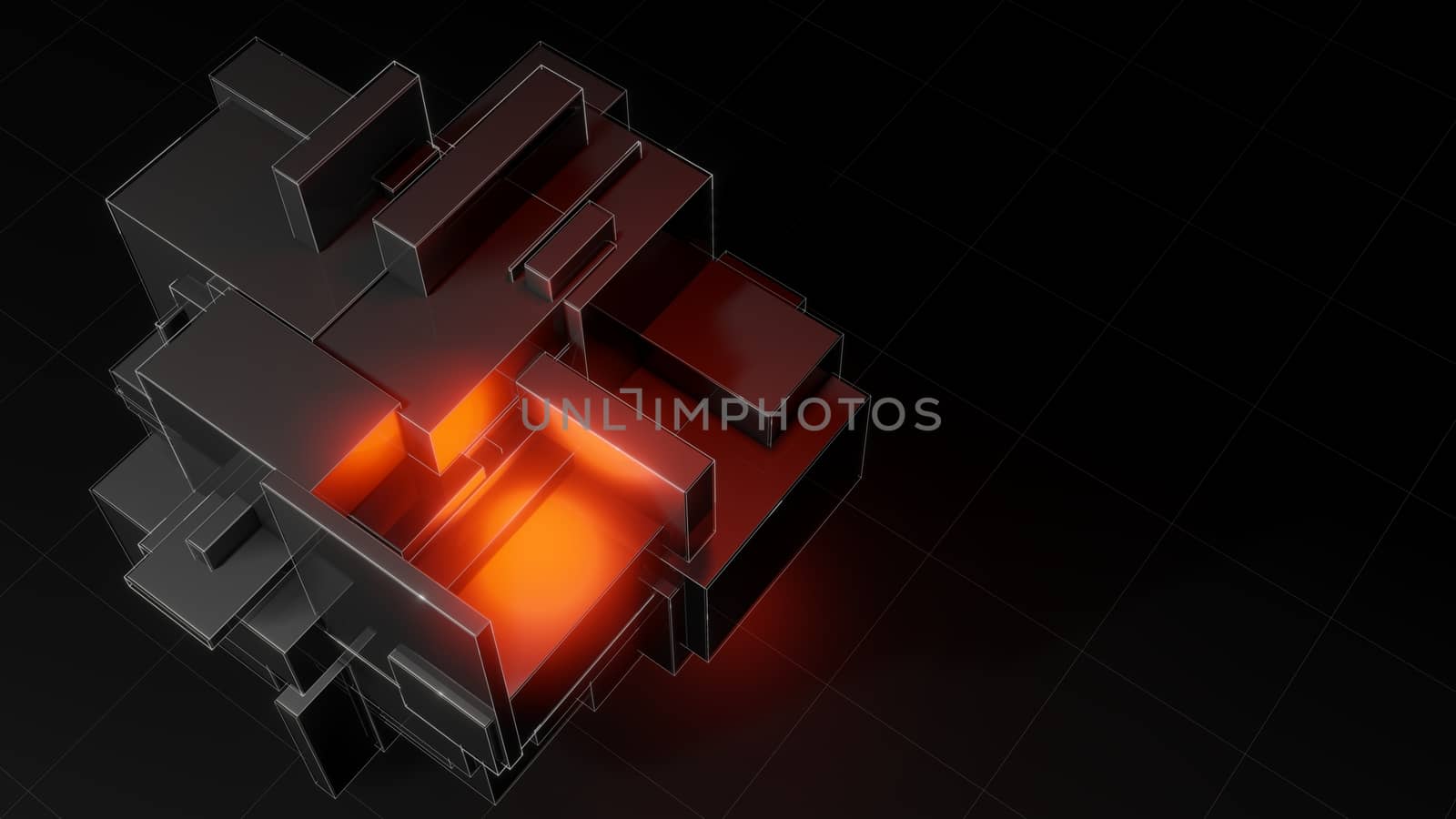 Abstract 3d object consisting of cubes. Red glow inside the object by cherezoff
