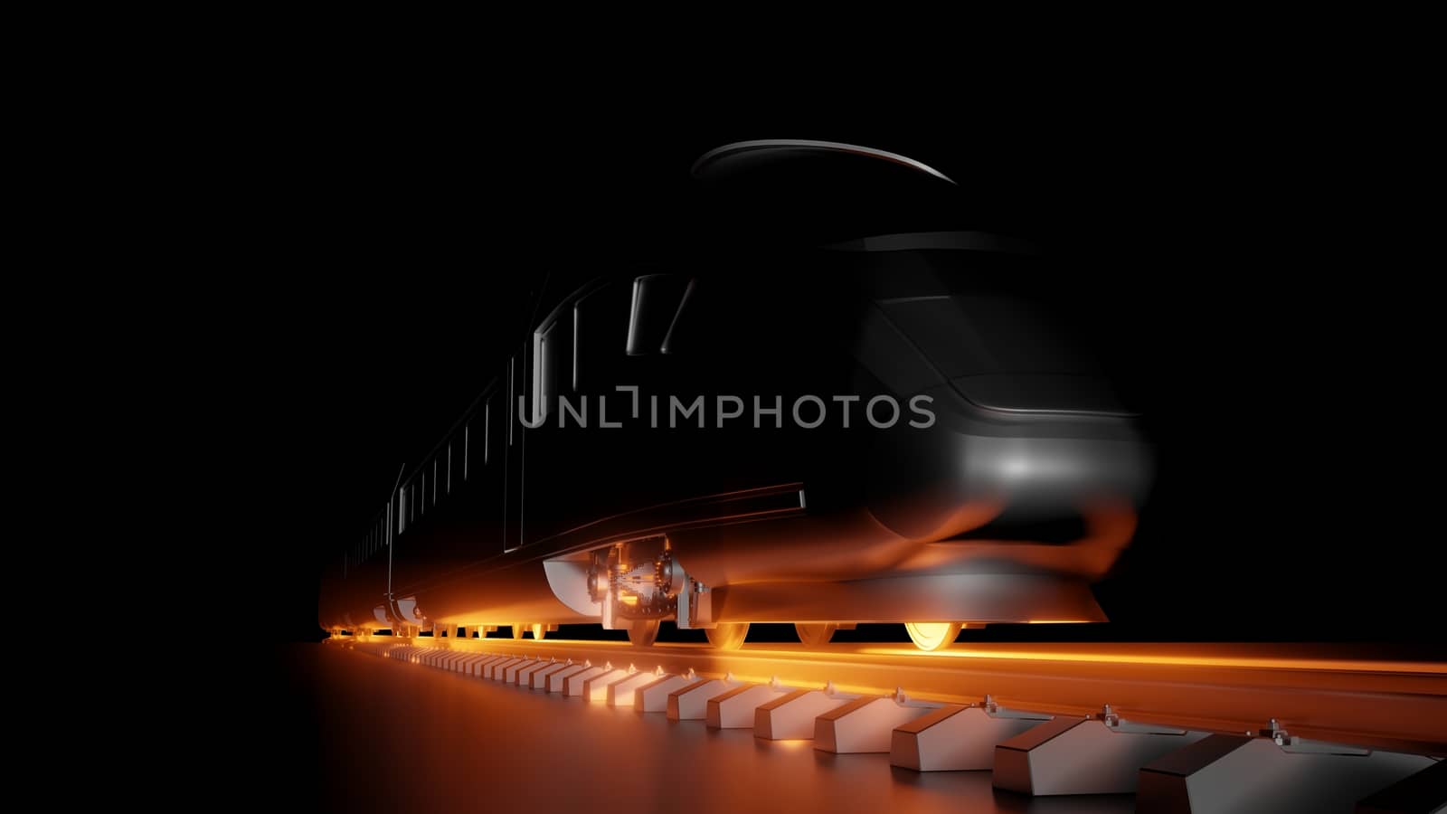 Abstract composition of night high-speed train. Dark background and red glow under the wheels of the train. 3d illustration. The concept of modern trains, fast and comfortable transport