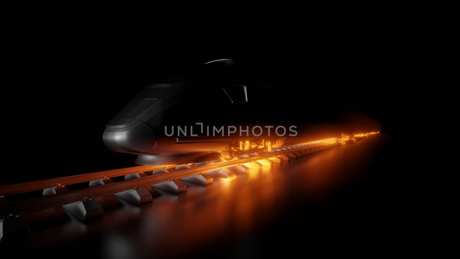 Abstract composition of night high-speed train. Dark background and red glow under the wheels of the train. 3d illustration. The concept of modern trains, fast and comfortable transport