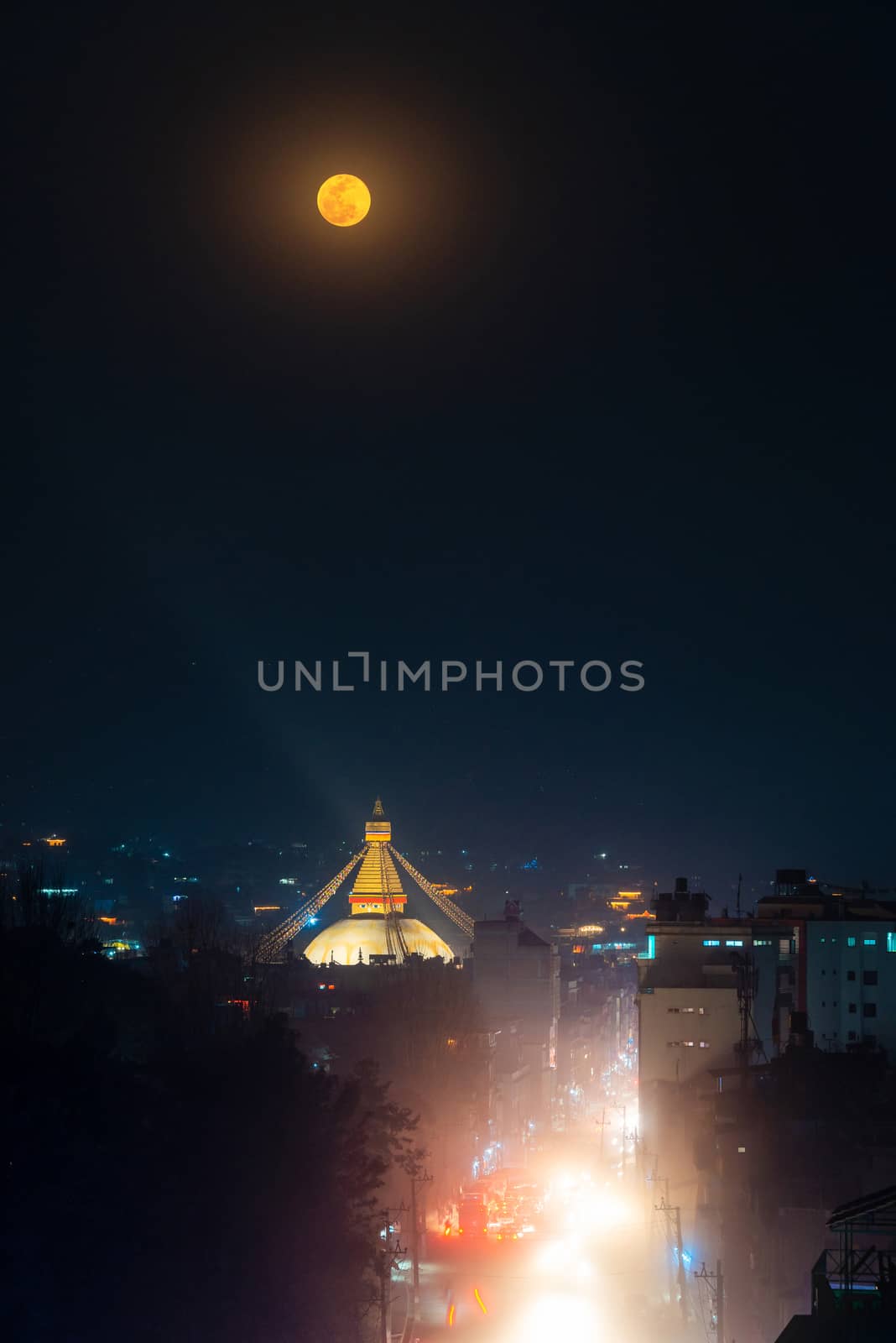Full Moon over Boudhanath stupa at night, Nepal by dutourdumonde
