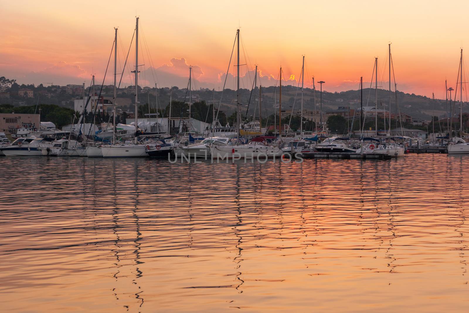 Marina with docked yachts at sunset by zhu_zhu