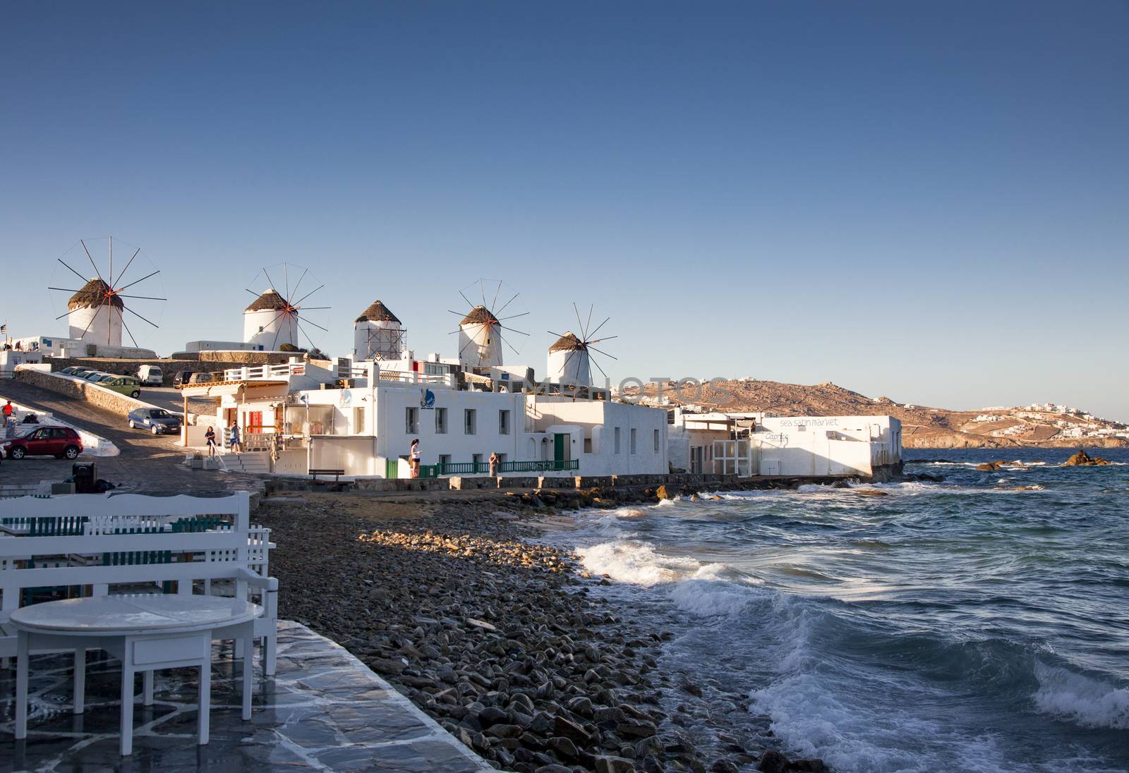 famous view  Traditional windmills on the island Mykonos, Greece