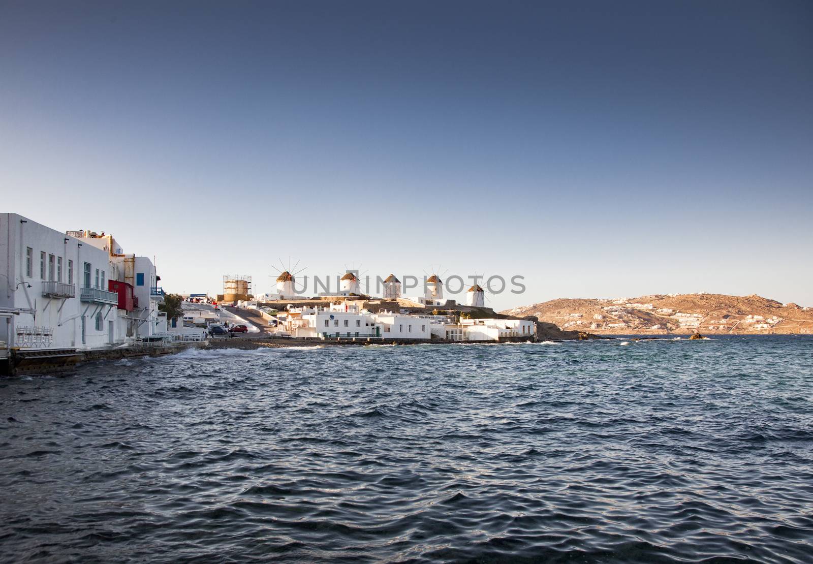 famous view  Traditional windmills on the island Mykonos, Greece