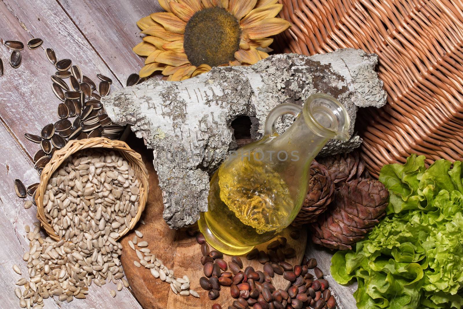 Cedar oil, birch bark, beans and wicker basket