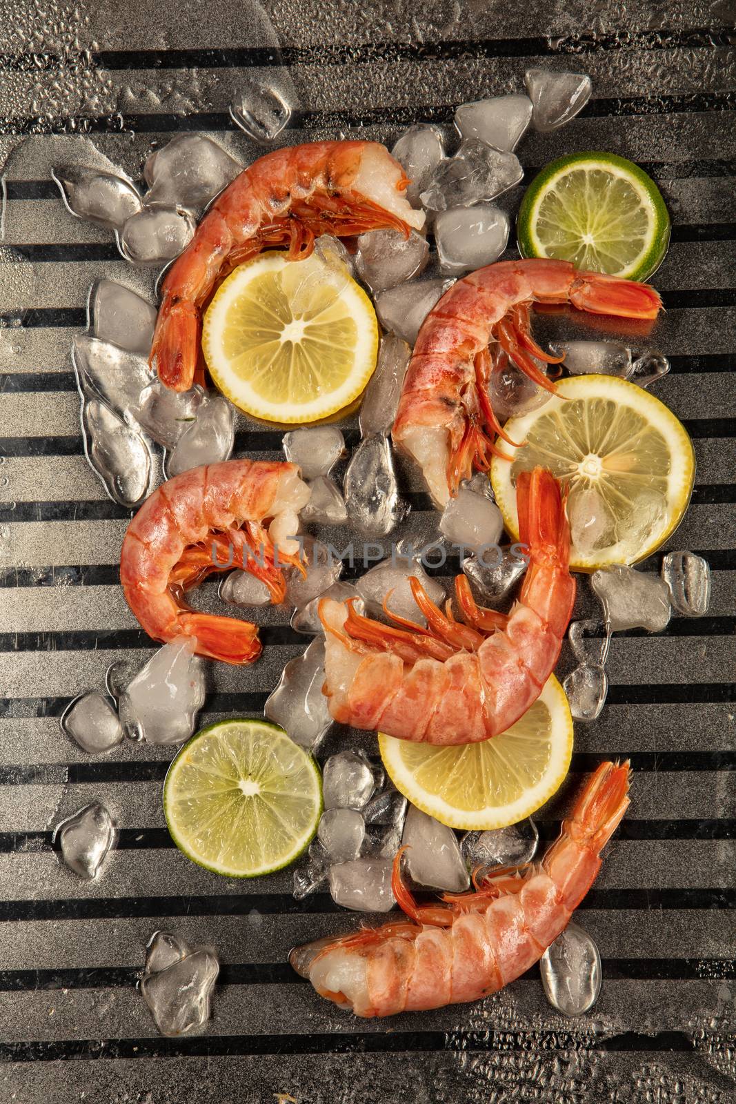 Shrimps, lemon and ice on a metal background