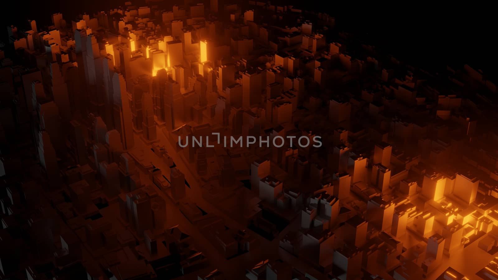 3d city with bright red flashes on a dark background by cherezoff