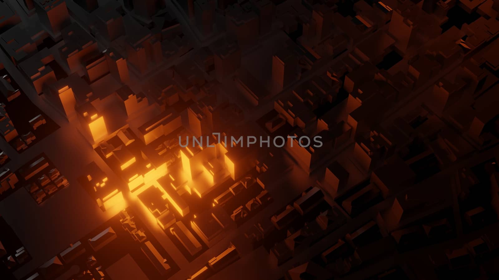 3d city with bright red flashes on a dark background by cherezoff