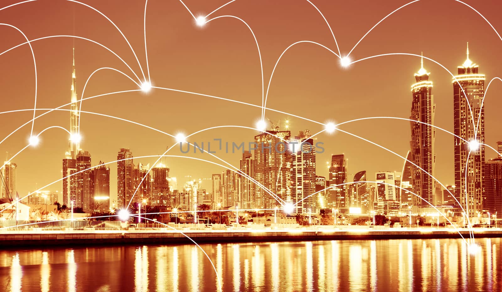 smart city and connection lines. Internet concept of global business, Dubai skyline downtown skyscrapers and Burj Khalifa