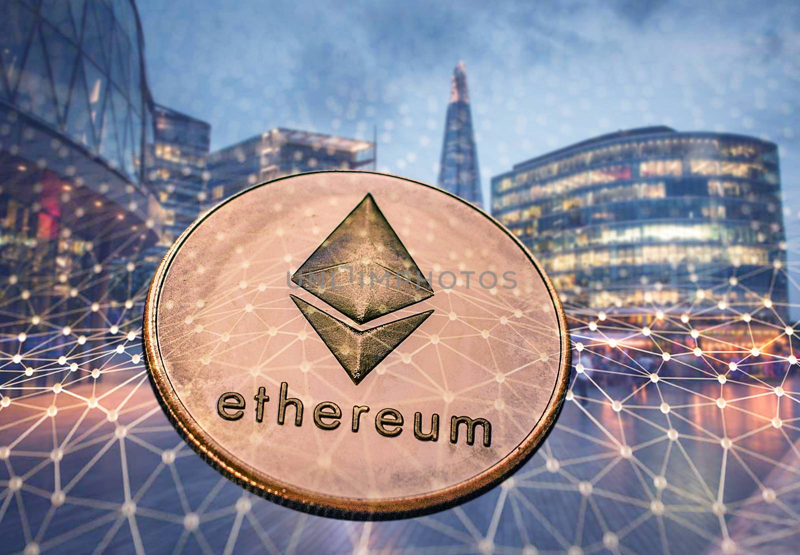 ethereum against skyscrapers - futuristic smart city - cryptocurrency concept