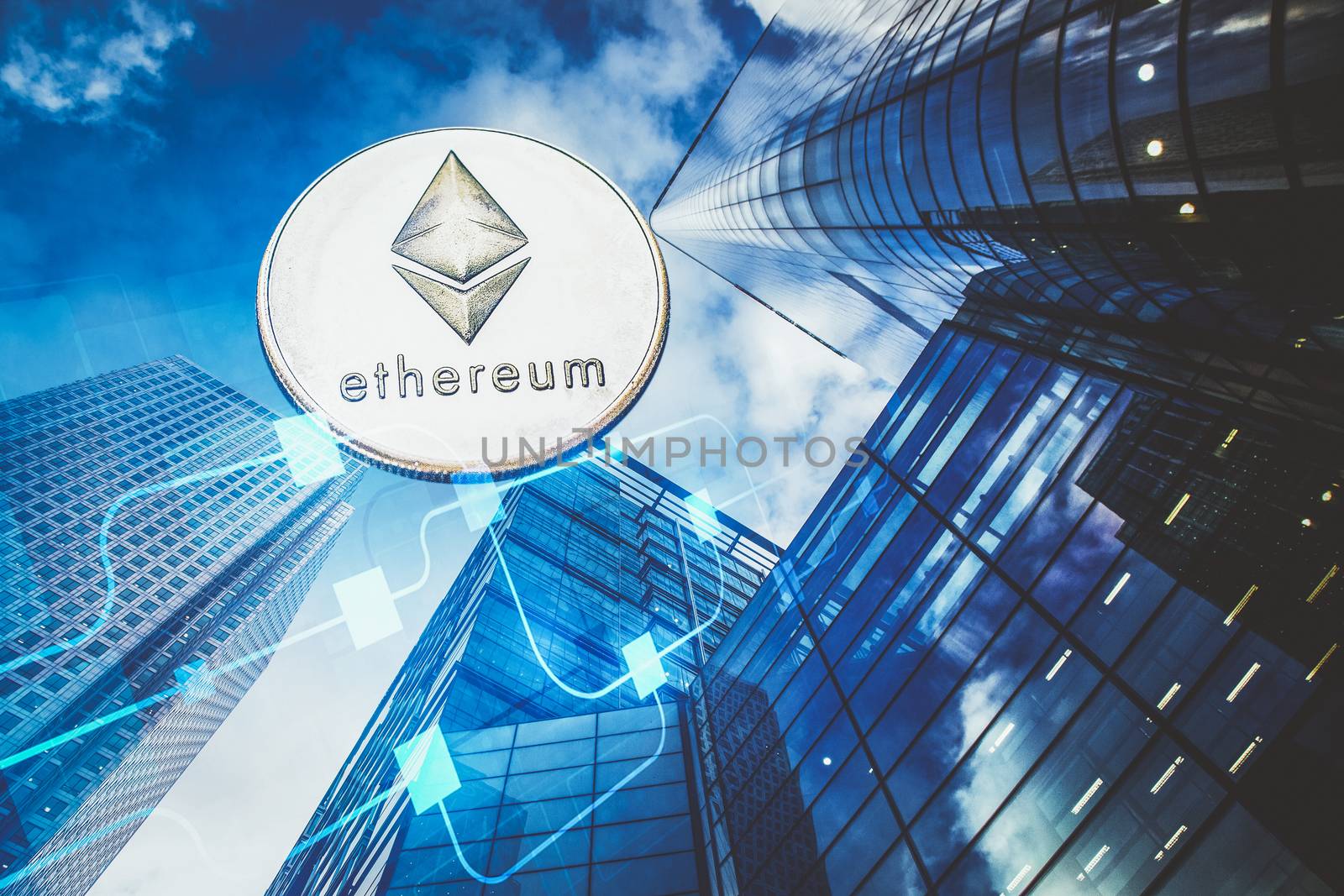 ethereum agains skyscrapers - futuristic smart city - cryptocurrency concept