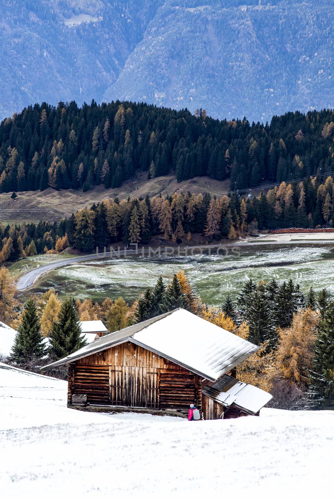 snowy early winter landscape in Alpe di Siusi.  Dolomites,  Italy - winter holidays destination