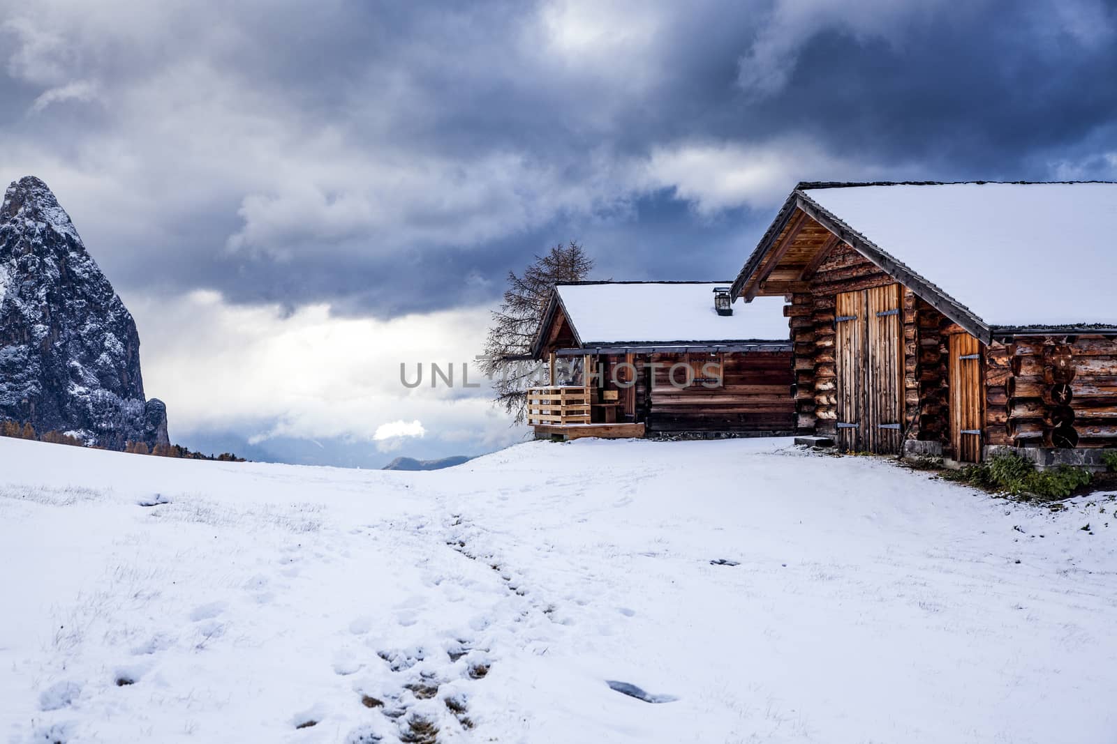 snowy early winter landscape in Alpe di Siusi.  Dolomites,  Italy - winter holidays destination