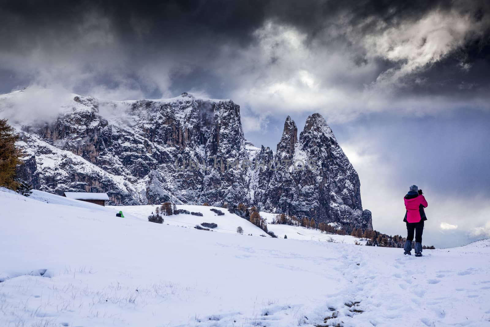 snowy early winter landscape in Alpe di Siusi.  Dolomites,  Italy - winter holidays destination