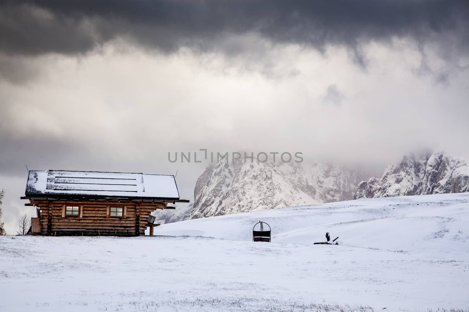 snowy early winter landscape in Alpe di Siusi.  Dolomites,  Italy - winter holidays destination