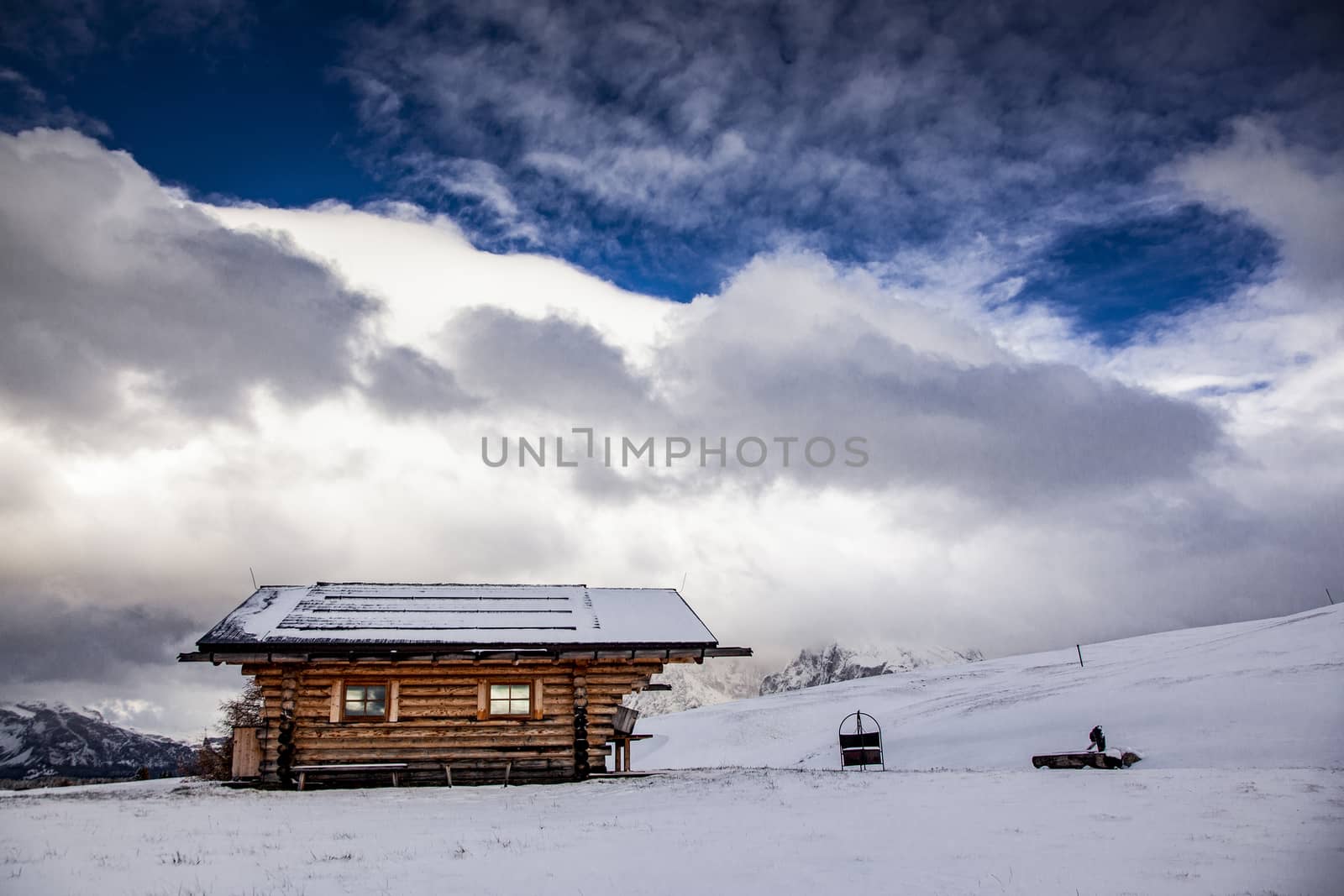 snowy early winter landscape in Alpe di Siusi.  Dolomites,  Italy - winter holidays destination