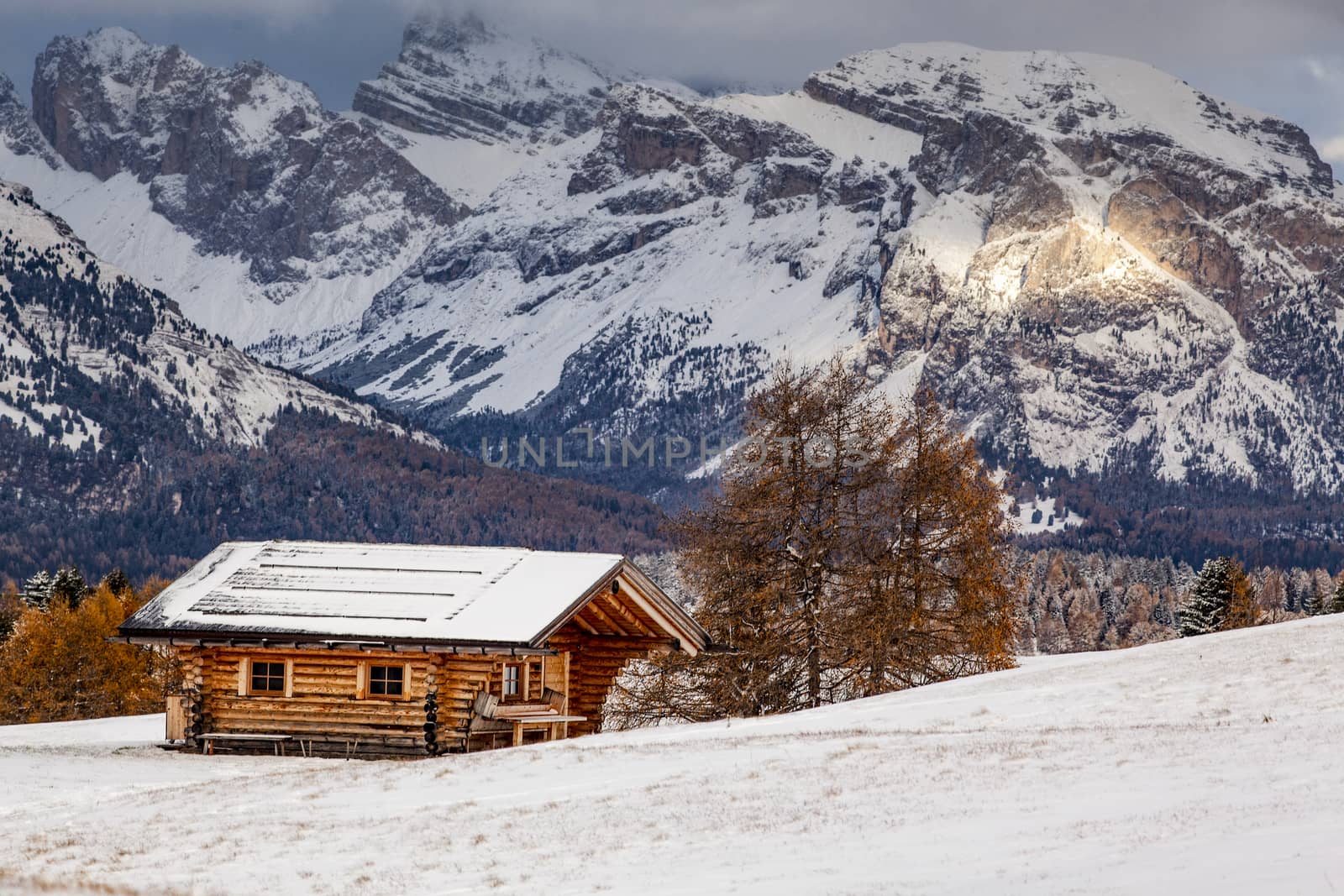 snowy early winter landscape in Alpe di Siusi.  Dolomites,  Italy - winter holidays destination