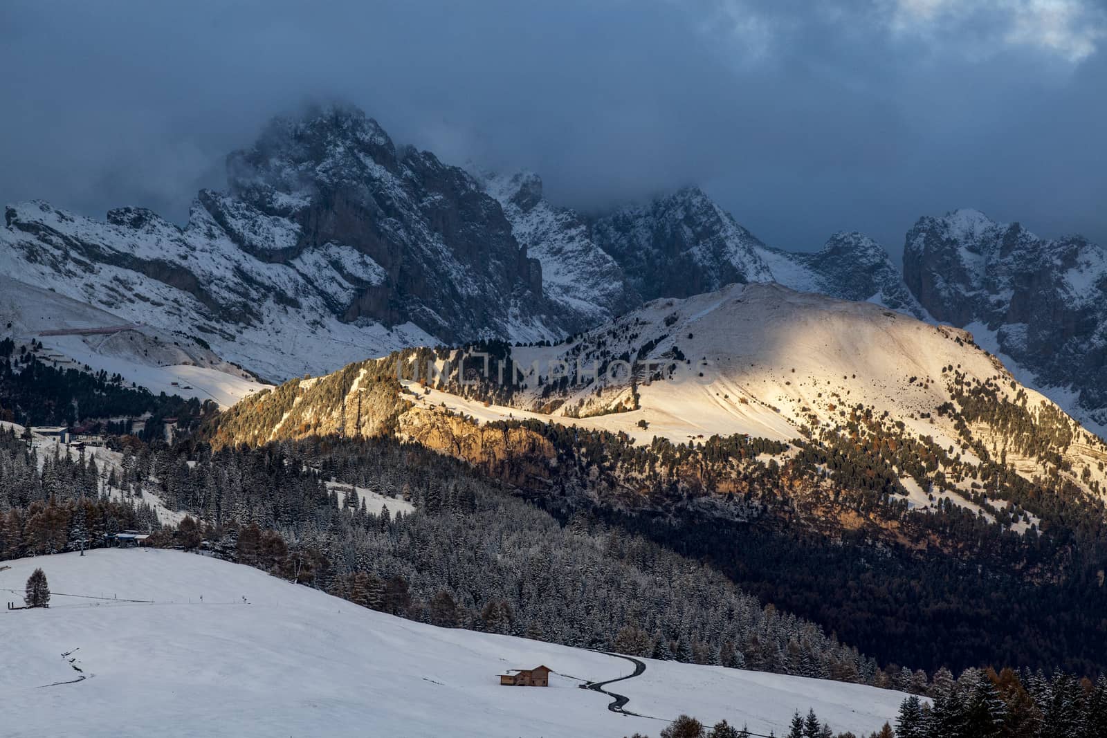 snowy early winter landscape in Alpe di Siusi.  Dolomites,  Italy - winter holidays destination